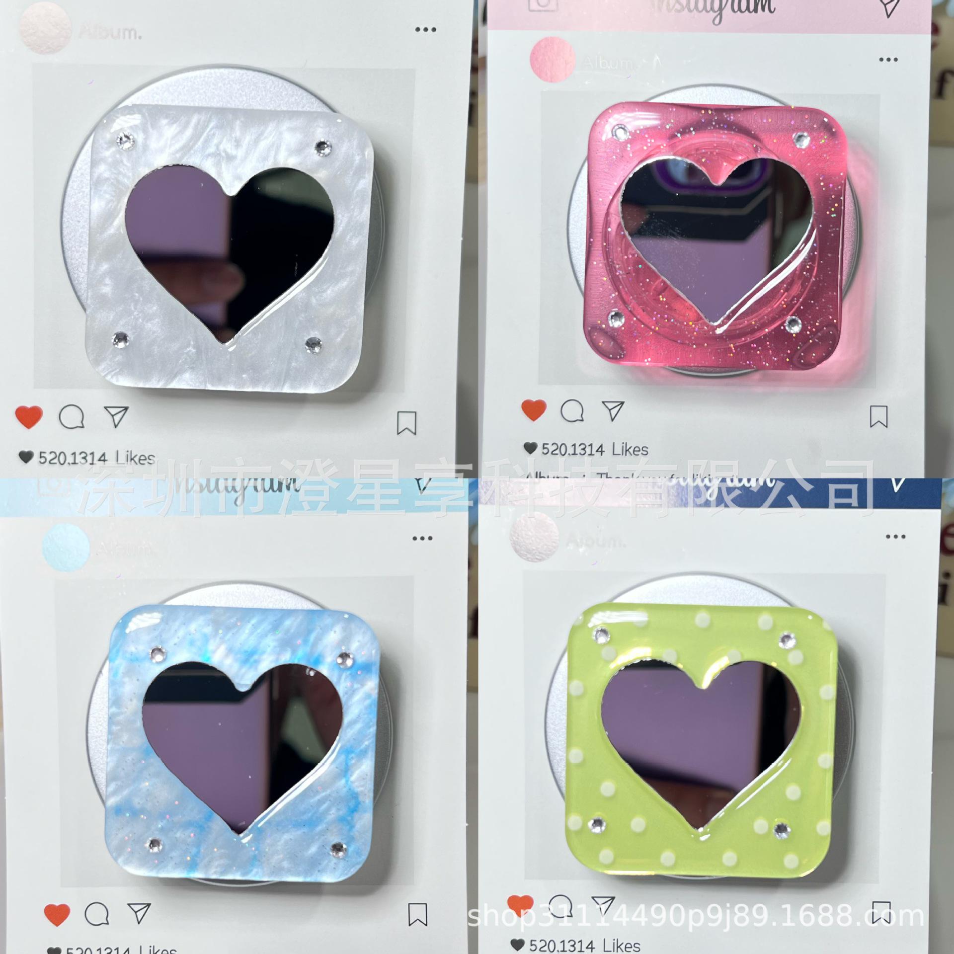 Rhinestone Heart Mirror with MagSafe-Compatible Magnetic Holder and Retractable Airbag Stand Heart Mirror Polka Dot Green