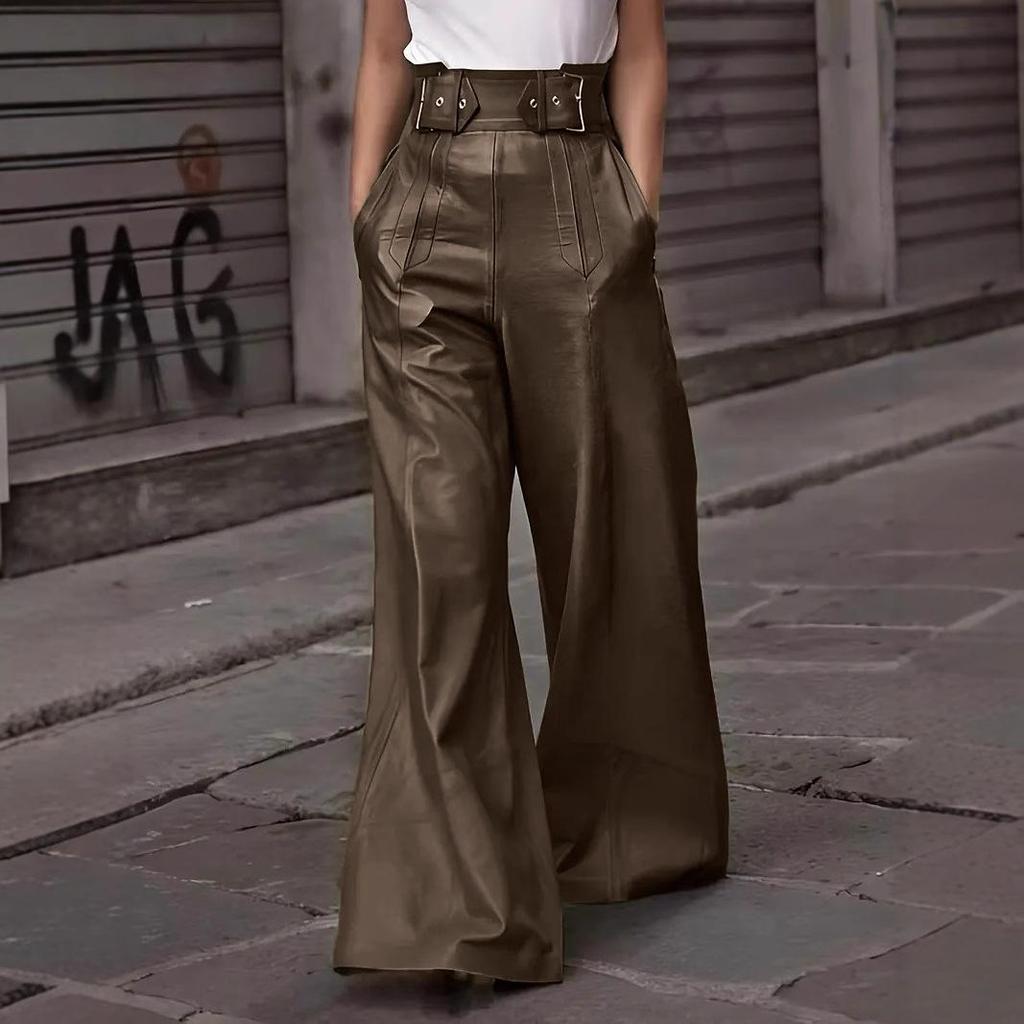 High Waist PU Leather Flare Pants with Waist-cinching & Pockets - 2025 Fashion