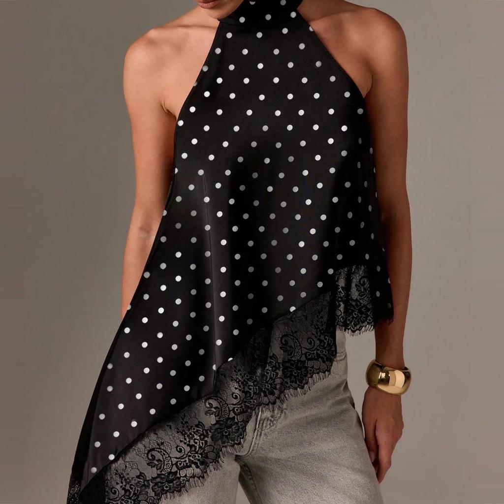 2025 Women's Satin Halter Neck Sleeveless Asymmetrical Camisole with Lace Trim