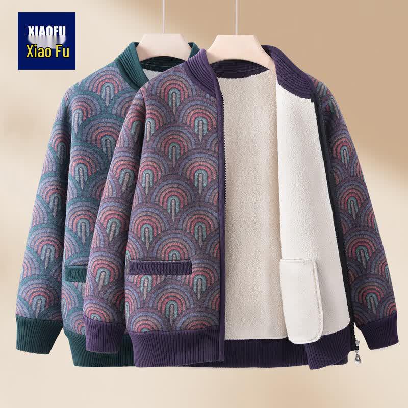 Mid-Aged & Elderly Women's Plush Lined Knit Cardigan