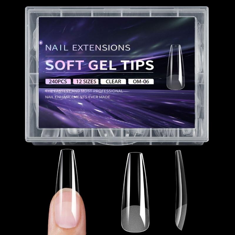 

240pcs Full Cover Long Almond Coffin Shape Gel Nail Tips Transparent Artificial Nails for Salon and Home Manicure