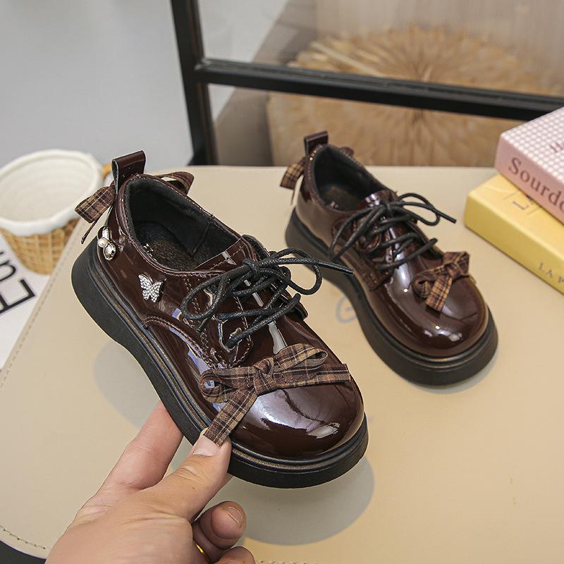 

Spring Thick Sole Patent Leather Bow British Wine Red Girls Dress Shoes size 26 бордовый