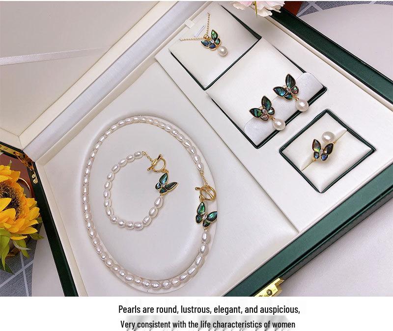 Elegant Freshwater Pearl Necklace Set with Abalone Shell Butterfly Inlays for Women
