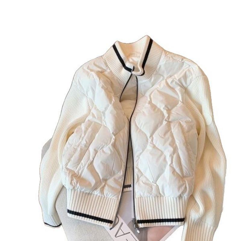 Retro Stand-up Collar Knitted Splicing Rhombus Cotton Jacket Women's Autumn and Winter New Niche Fashionable Light Jacket Tide