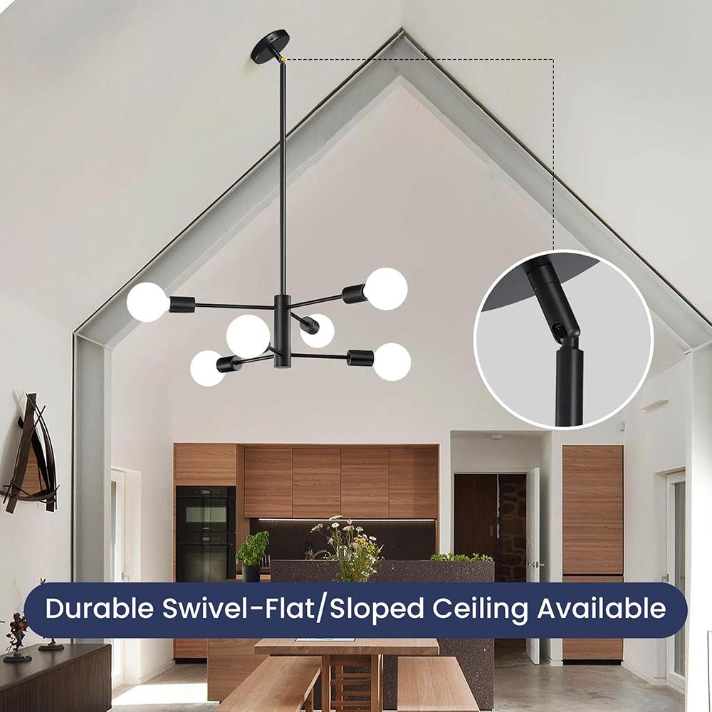 Modern Sputnik Chandeliers Light, 6-Light Black Chandeliers for Dining Room, Height Adjustable Ceiling Lights Farmhouse Chandelier for Kitchen Island