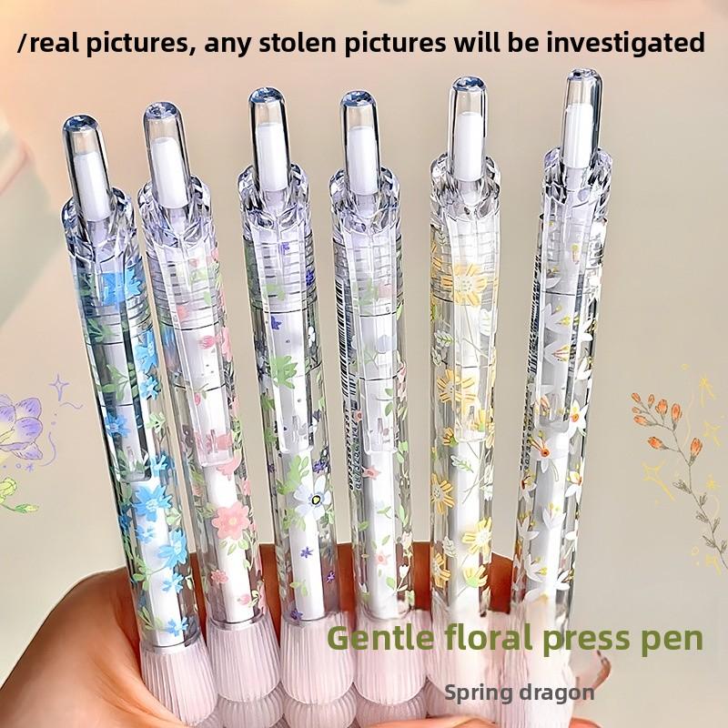 Small Flowers Gel Pen 6pcs Set Quick Dry Glue Pen Black Ink Retractable Ballpoint Pen Writing Stationery Party Gift