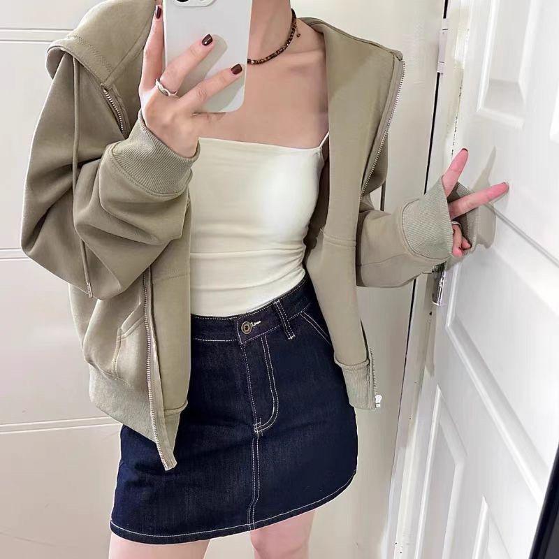 Women's Gray Slim-Fit Hooded Zip-Up Sweatshirt Jacket - Spring & Autumn Cardigan