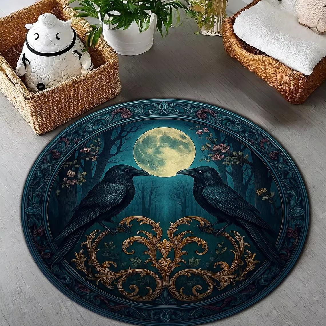

Raven and Full Moon Round Rug Gothic Witchy Carpet with Celestial Stars and Botanical Accents for Dark Boho Home Decor Mat 80cm