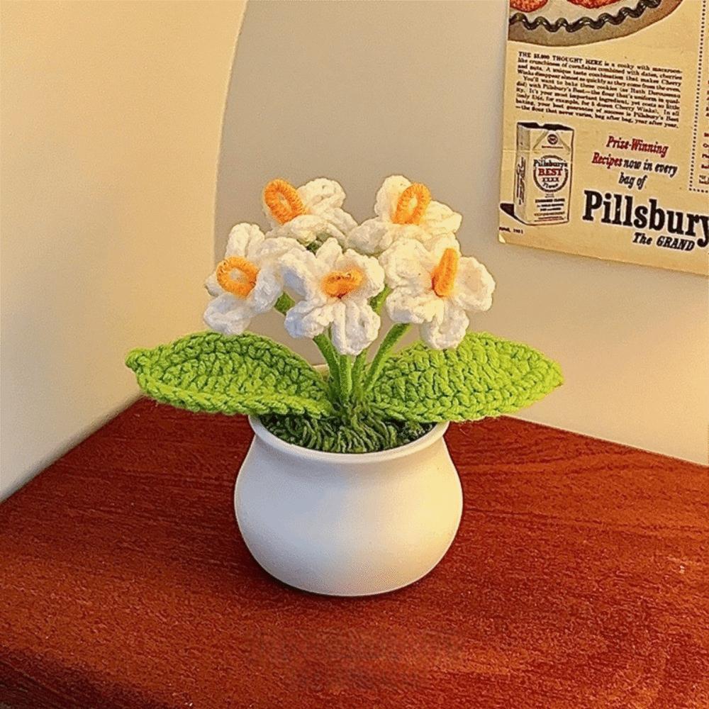 Hand Knitted Crochet Flower Doll Artificial Flower Potted Plant Wool Knitting Doll Forget-me-not Lily of The Valley
