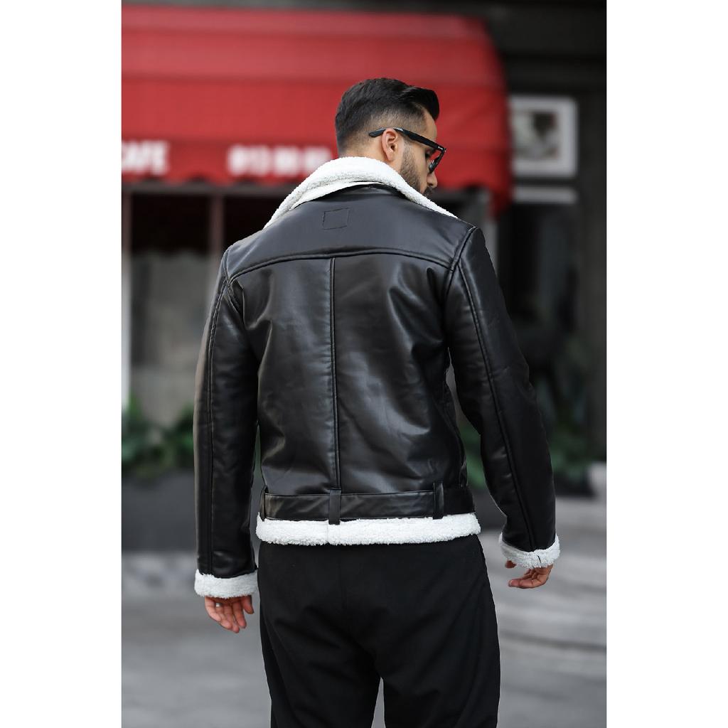 Laminated Leather Double-breasted Coat With Complete Fur Inside