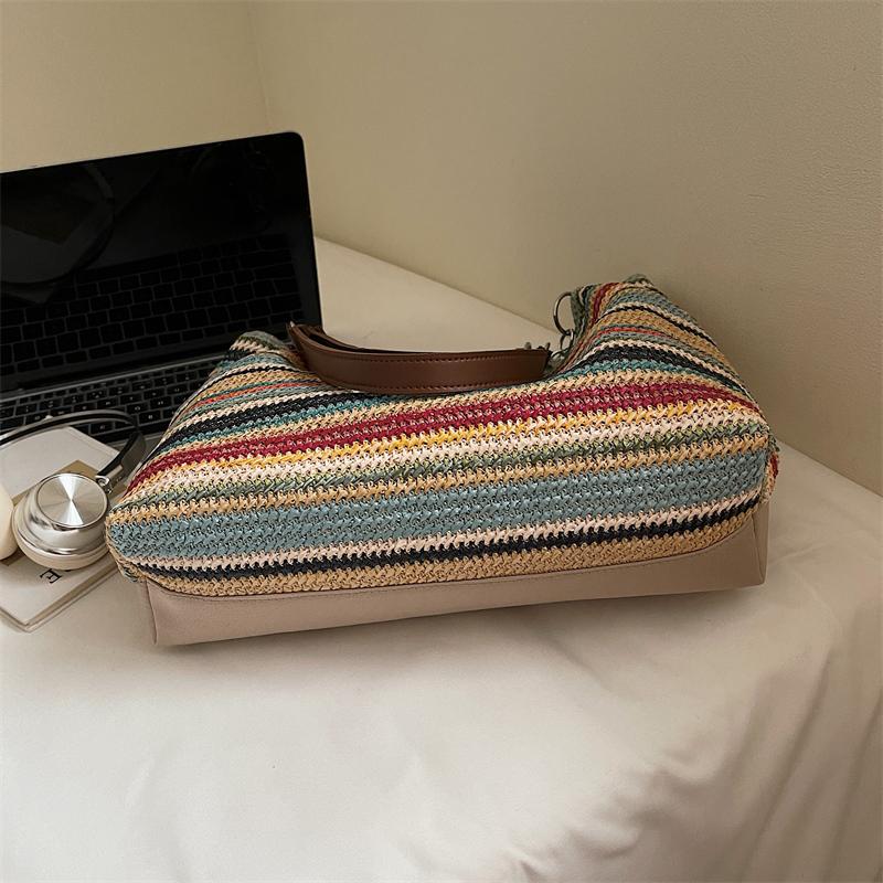 Shoulder Bag Women's Striped Contrast Color Tote Bag Woven Tote Bag Large Capacity Straw Woven Bag