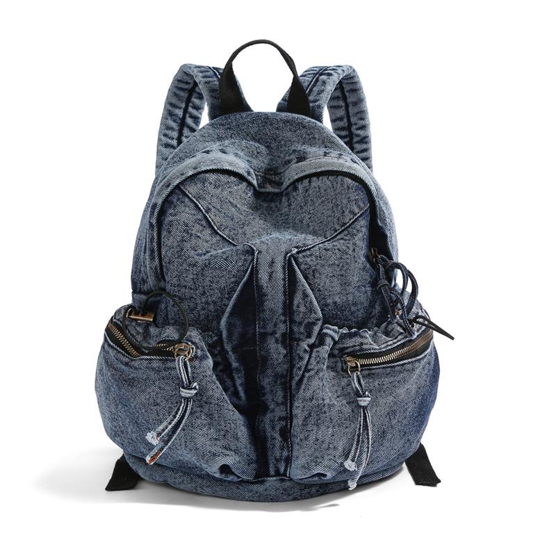 Denim Backpack Women's Fashionable Casual School Bag Trendy Rucksack with Drawstring Pockets