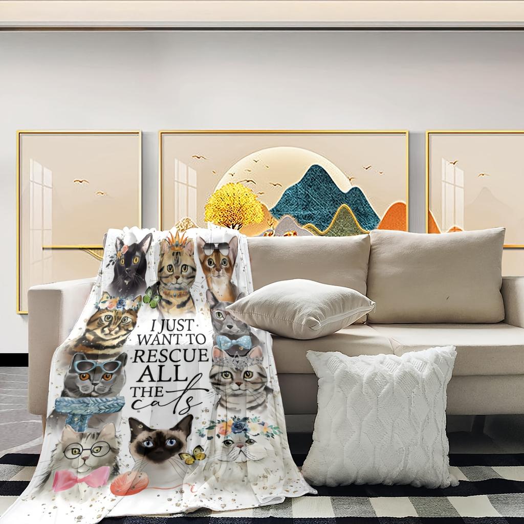 Watercolor cat costume pattern Flannel printed blanket suitable for all seasons suitable for living room office sofa and travel