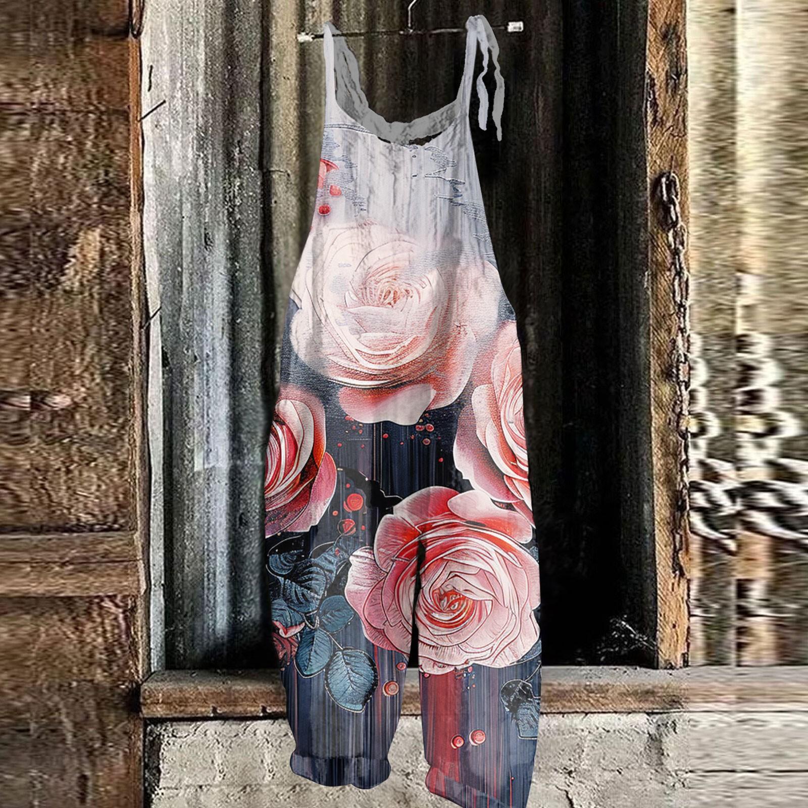 

Женский комбинезон с цветочным принтом, повседневный свободный винтажный комбинезон из хлопка и льна XXL розовый