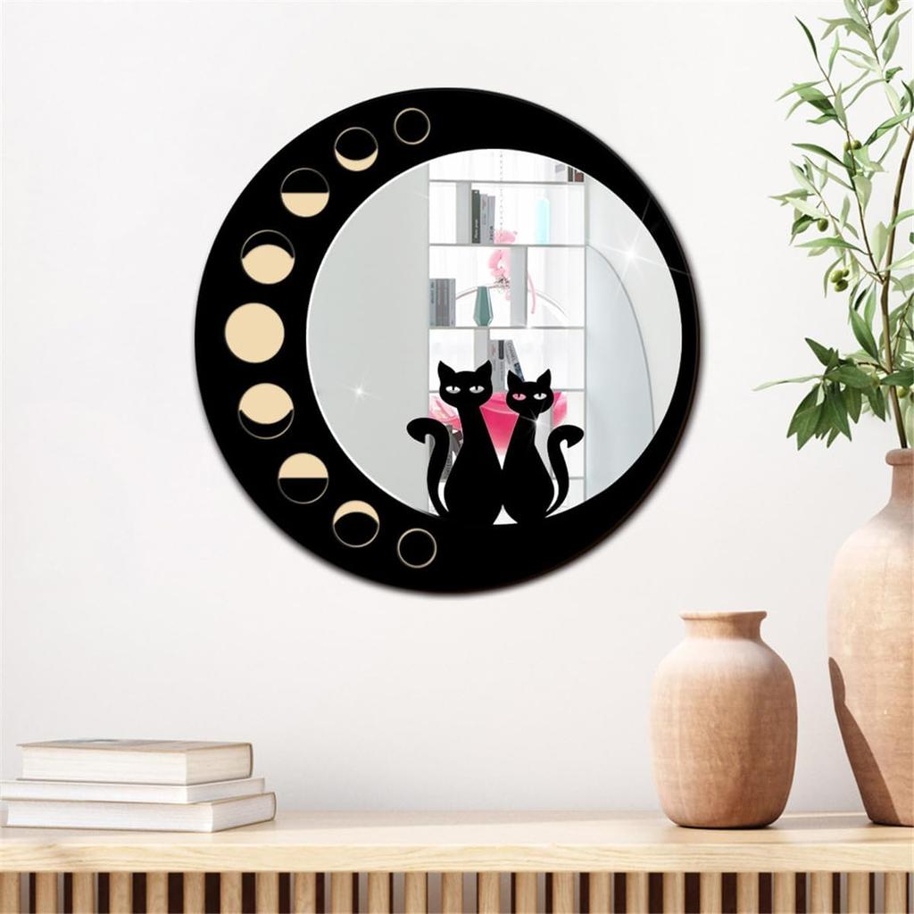 Cat Wood Mirror Wall Decor Art, Cute Cat Wooden Framed Acrylic Mirror Wall Stickers, Boho Black Cats Moon Phase Decorative Mirrors, Wooden Aesthetics