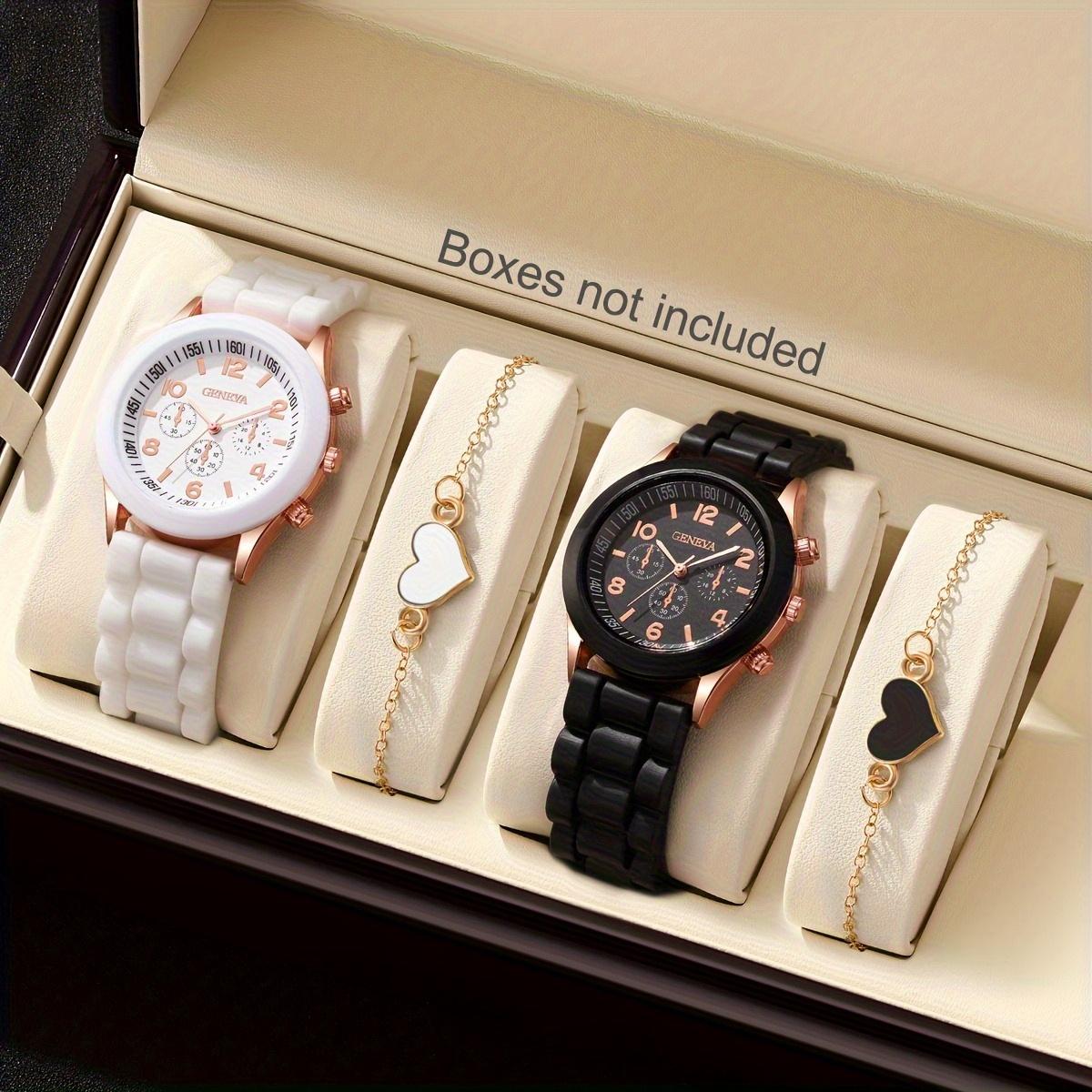 

2 черно-белых резиновых ремешка, кварцевые часы с круглым циферблатом и 2 комбинированных браслета, подходят для повседневной носки