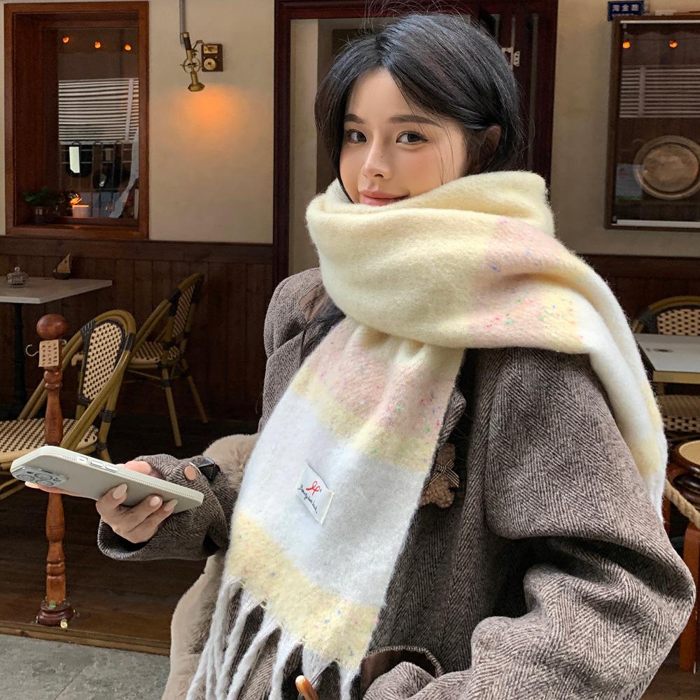Cheese Milk Yellow Plush Scarf Women's Autumn and Winter New Korean Version Color Dot Imitation Cashmere Shawl Warm Thickened Student Scarf