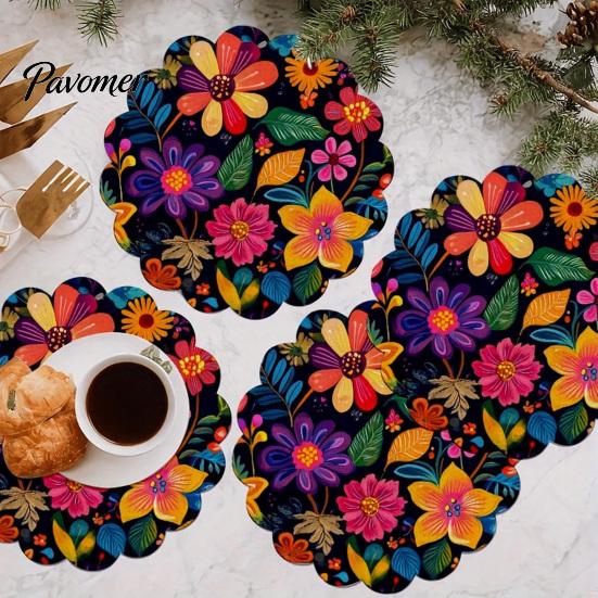 Artistic Oil Painting Style Coasters 4Pcs Nordic Wooden Coasters, Vintage Floral Heat Resistant Drink Mats, Non Proof Dining Table Protectors