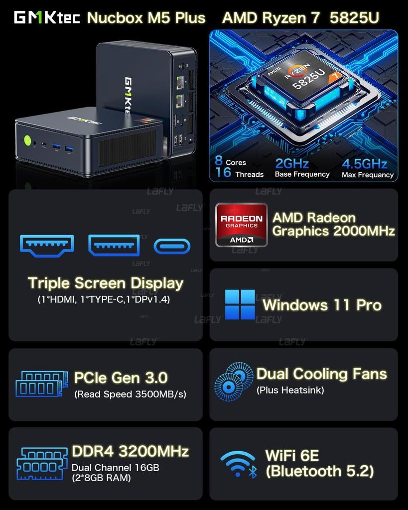 GMKtec M5 Plus Ryzen 7 5825U Mini PC Win11 Pro DDR4 SO-DIMM NVMe M.2 SSD WiFi6E BT5.2 Tri-Display Desktop Office Gaming Computer
