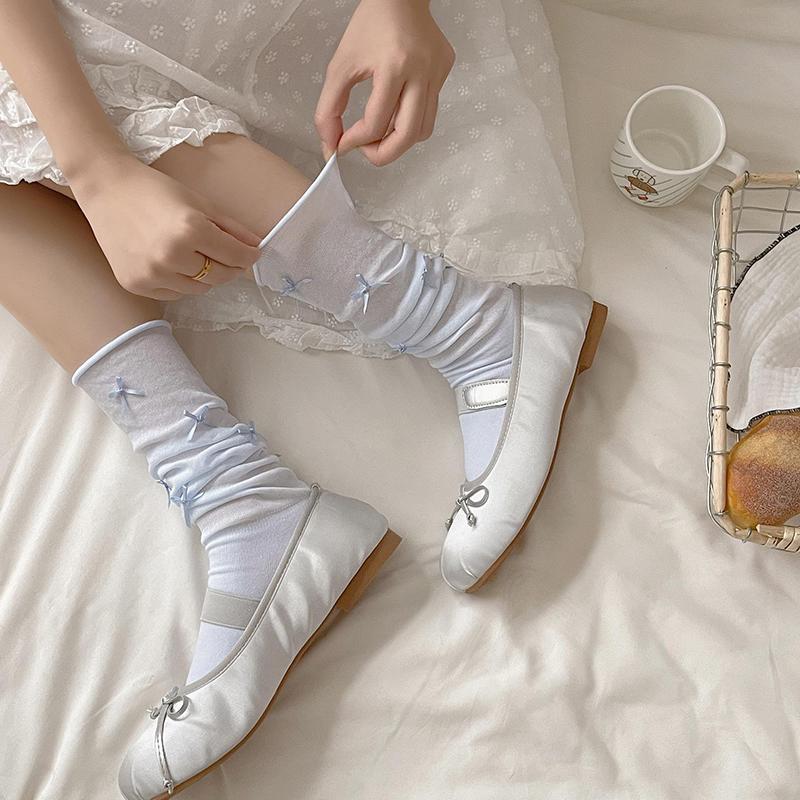 Women'S Stockings High Quality Modern  Simple Cute Japanese Style Long Women Socks Mesh Bow Sweet Knee High Socks Thin White
