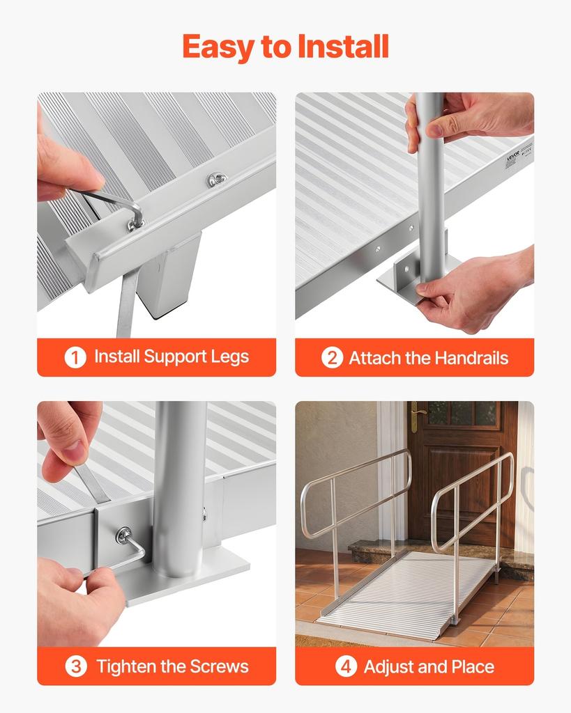 Wheelchair Ramp with Handrails, 1806 x 830 mm, Heavy Duty Wide Aluminum Wheelchair Ramp with Adjustable Legs, 453.6 kg Capacity, Portable Threshold