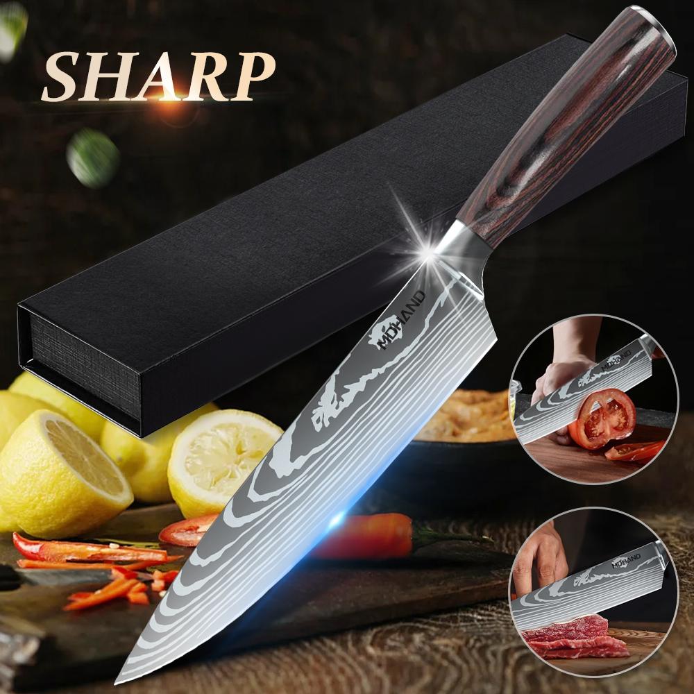 7CR17 Stainless Steel Kitchen Knife Sharp Butchers Knives Damascus Laser Pattern Chef Knife Cleaver Sharp Filleting Kitchen Tool