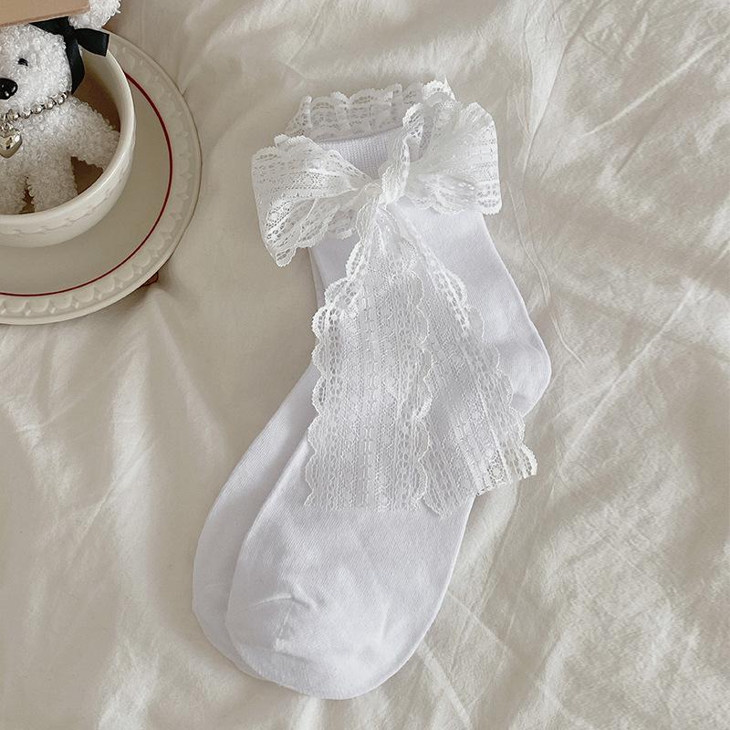 

Female Spring and Summer Thin Style Pure Color Lace Lace Bow Ballet Wind Breathable In The Tube Pile Socks 1 pair білий