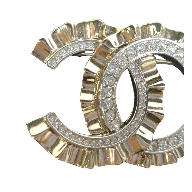 CHANEL double C large logo metal rhinestone brooch women's style