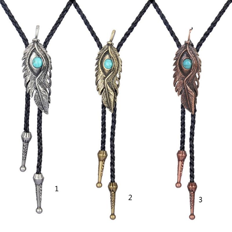 Metal Turquoise Bolo Tie Wing Pattern Feather Necktie for Shirt Jeans Western Necklace Braided Shoestring Necktie Bola-T