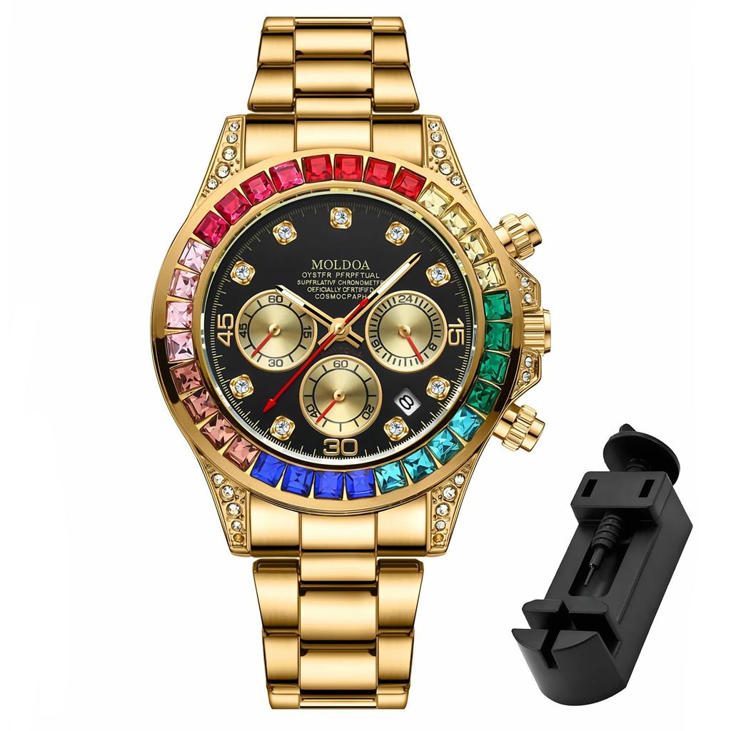 TeamSky Men's Automatic Mechanical Watch, Waterproof, Stainless Steel, Luminous, Large Dial, Timer Function, Date Display, Father's Day Gift (Gold)