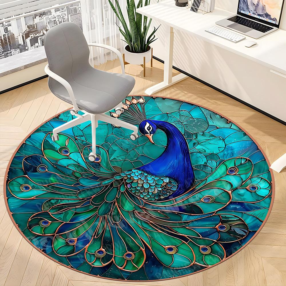 1pc Peacock Feather Office Round Area Rug, Under Office Chairs Bedroom Living Room Home Decor, Room Deco