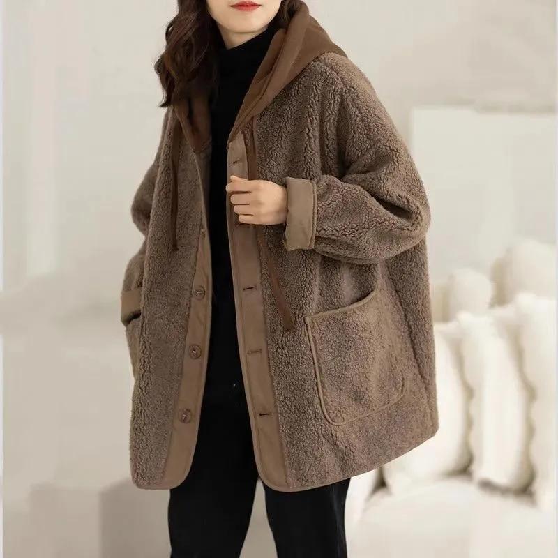 Women Autumn Winter Mid-Long Thick Pocket Jacket Lamb Plush Hooded Overcoat Outerwears