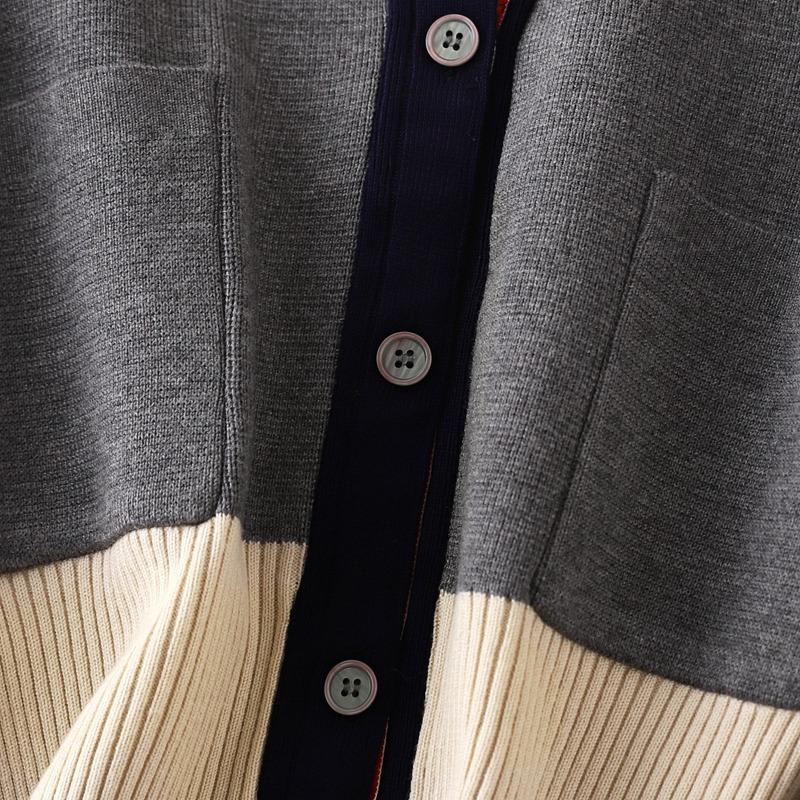 Pletený kardigan dámský jarní a podzimní s výstřihem do V barevně blokovaný svetr s dlouhým rukávem bunda