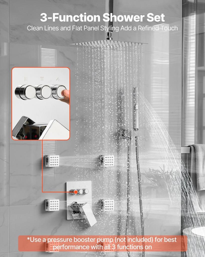 Shower Faucet Set, 254 Mm Ceiling Mount Rainfall Shower System with 6 Body Jets and 2 In 1 Handheld Spray, Rotatable 3-Function Rain Head System Set,