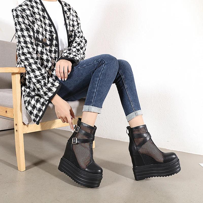 Fashion Lady Fashion High Height Increase Summer Boots Summer Platform Boots Women Breathable Genuine Leather Shoes Woman