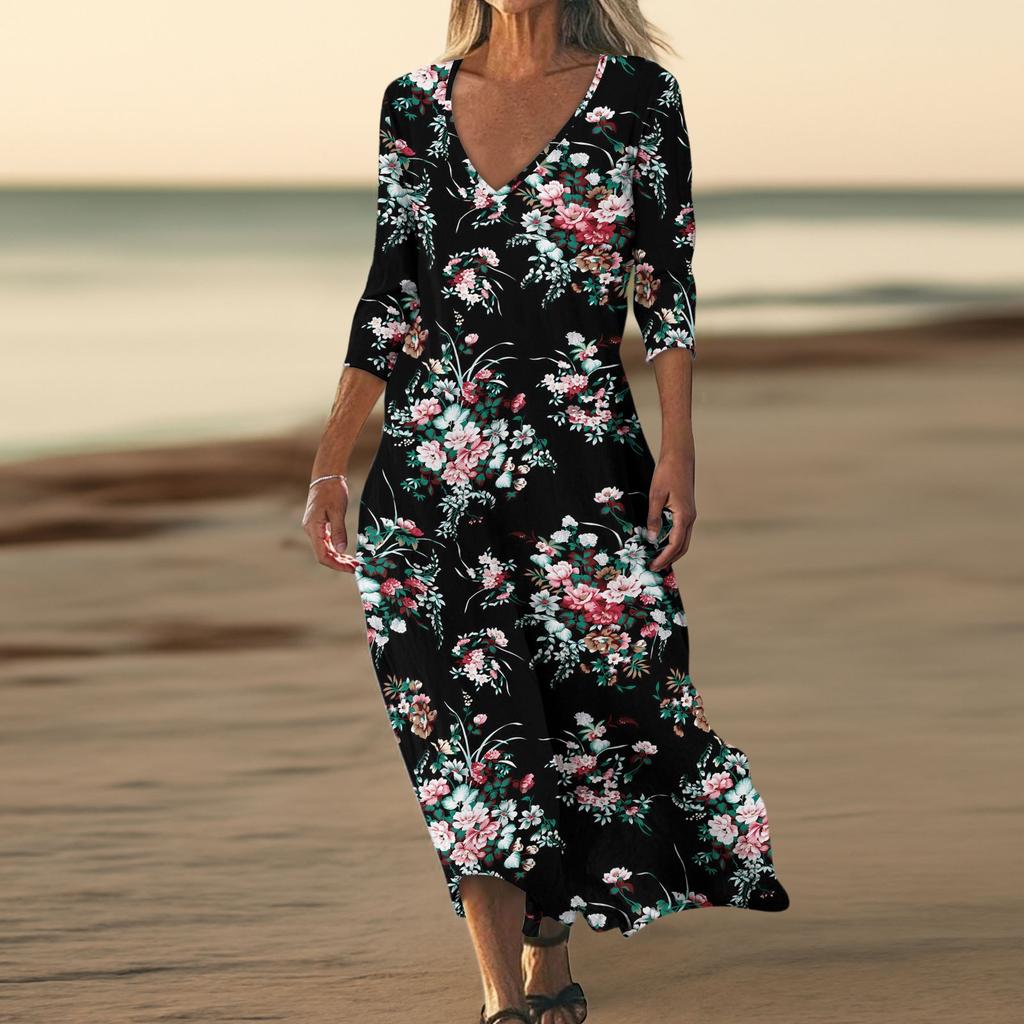 Dresses For Womens Vintage Print Tunic Waisted Midi Dress Summer Casual  3/4 Sleeve Dress