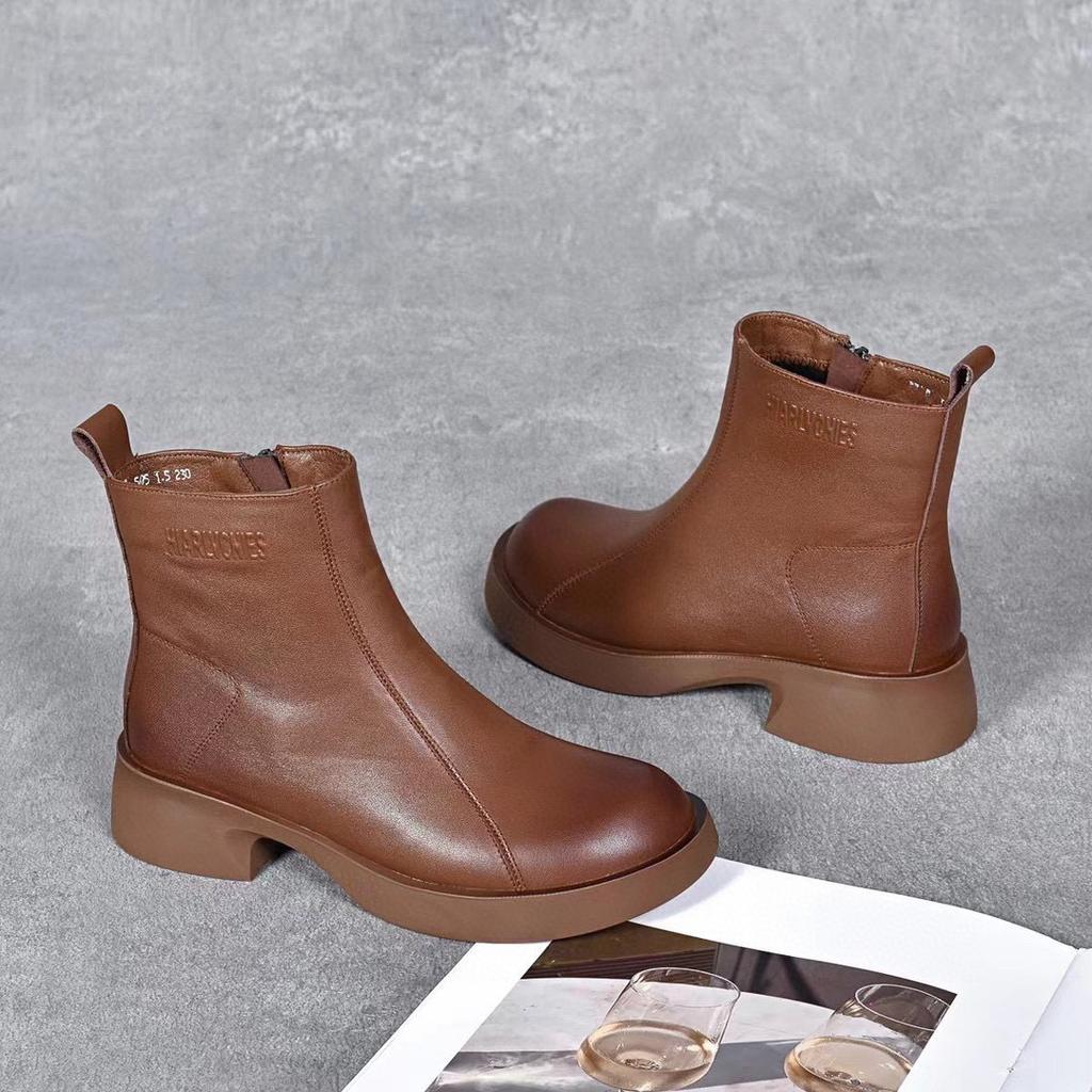 Martin Boots Women's Boots Autumn and Winter New Round Head Flat Bottom Short Boots First Layer Cowhide Casual Leather Boots Simple Big Boots