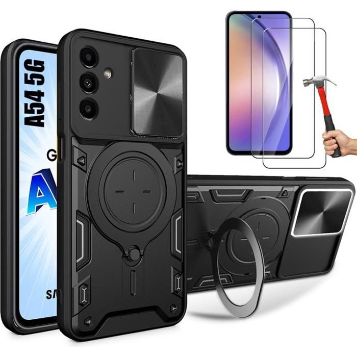 Coque + 2 Verres Trempés pour Samsung Galaxy A54 5G, Coque avec Anneau Support Cache Caméra - Noir