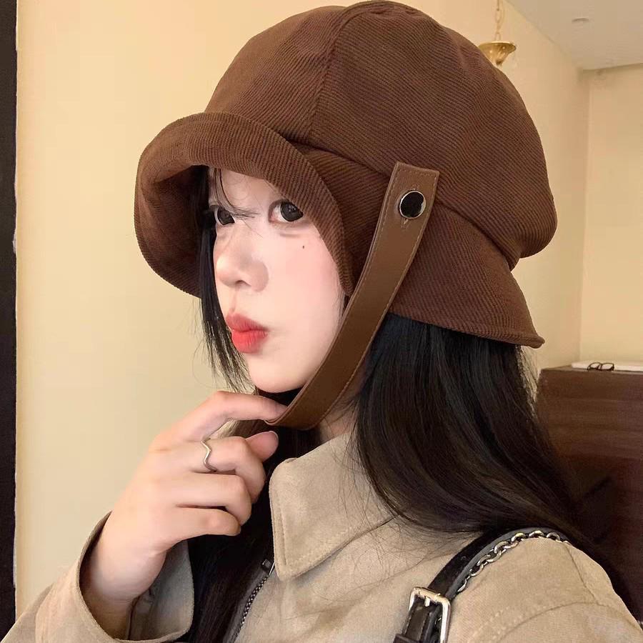 Korea 2025 A/W Coffee Color Japanese Style Women's Fisherman Fedora Hat for Large Heads, Slimming Effect, Rich Girl Style