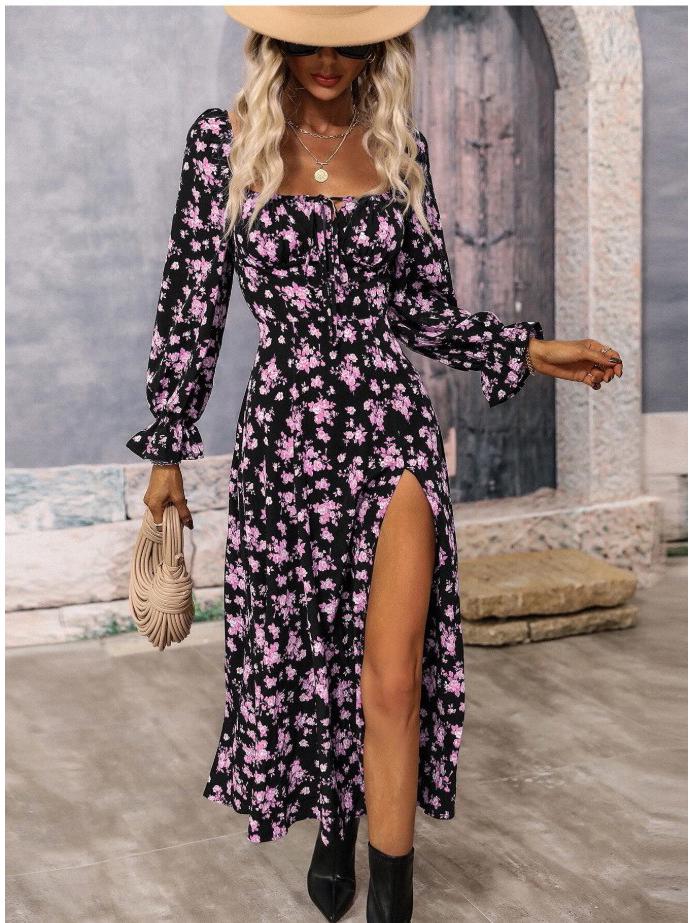 

Spring 2026 European & American Fashion Print Long-Sleeve Split Dress for Women Small фіолетовий