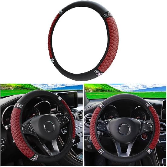 Bling Soft Leather Steering Wheel Cover, 15 Inch Colorful Rhinestones Auto Elastic Steering Wheel Protector, Sparkly Crystal Diamond For Women Girls,