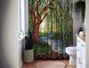 Willow Tree Shower Curtain – Stained Glass River Landscape Art, Waterproof Fabric Bathroom Decor In Green, Brown & Blue