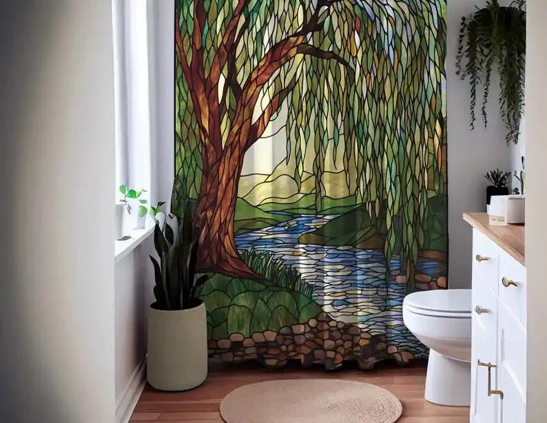 Willow Tree Shower Curtain – Stained Glass River Landscape Art, Waterproof Fabric Bathroom Decor In Green, Brown & Blue