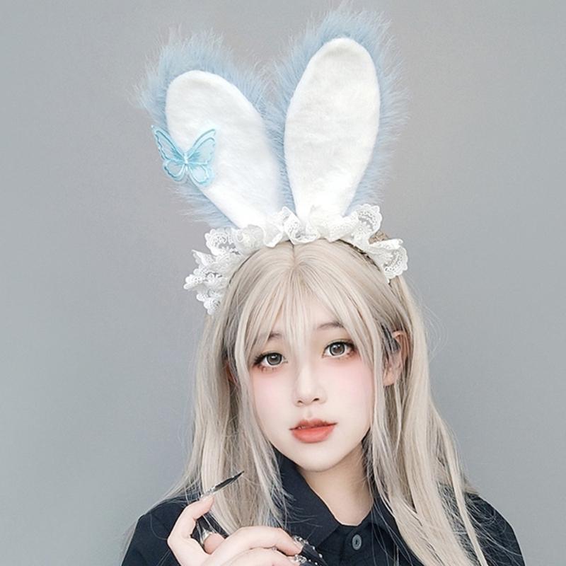 Plush Sweet Rabbit Ears Headband With Elegant Lace And Bowknot Detachable For Cosplay Party And Daily Wear
