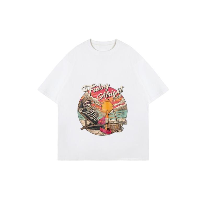 Women's Short-Sleeve T-Shirt with Retro Distressed "Feeling Alright" Beach Skeleton Print