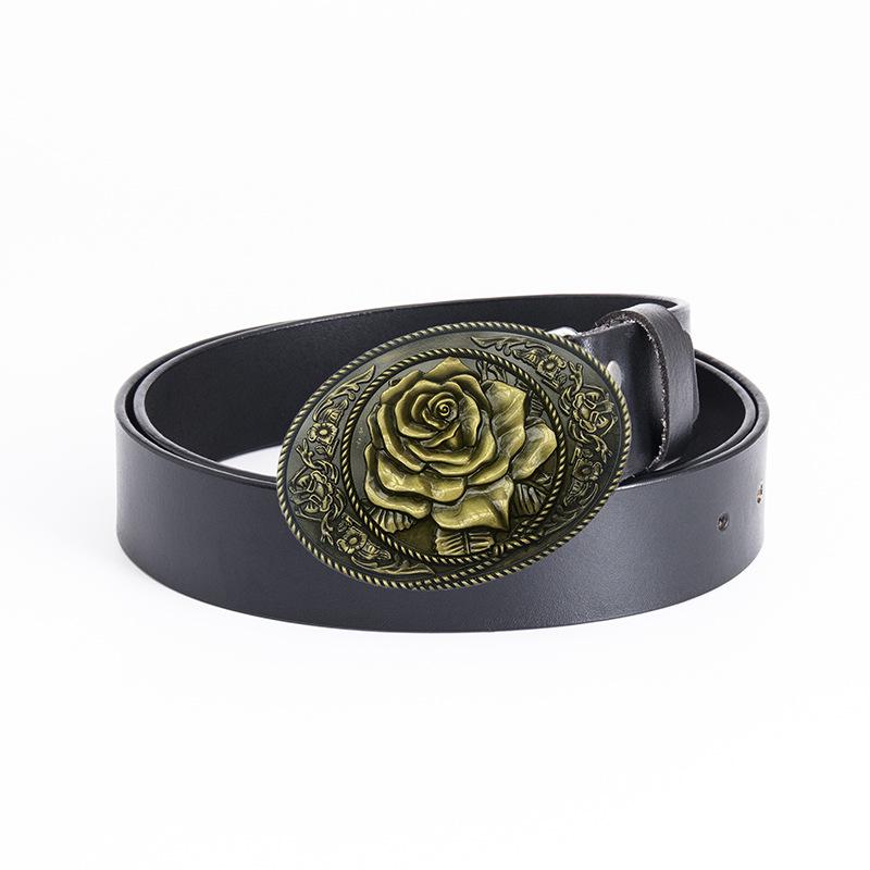 Rose-Shaped Waistband Leather Belt with Floral Pattern - Nightclub Single Loop Pants Accessory