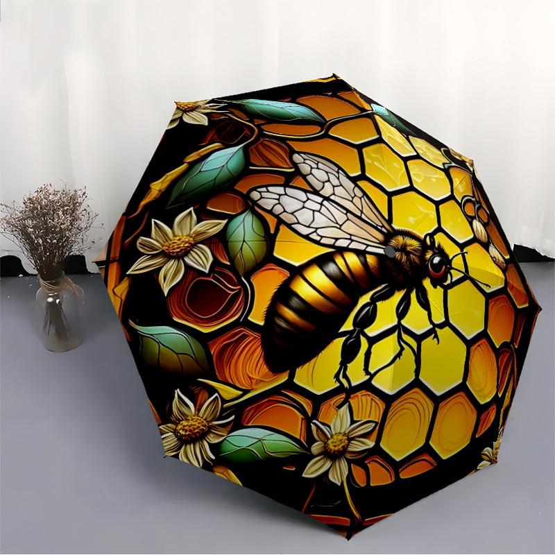 1pc Bee Honeycomb Automatic Folding Umbrella Compact Lightweight Travel Umbrella with 8-Rib Sturdy Frame, Windproof & Self031