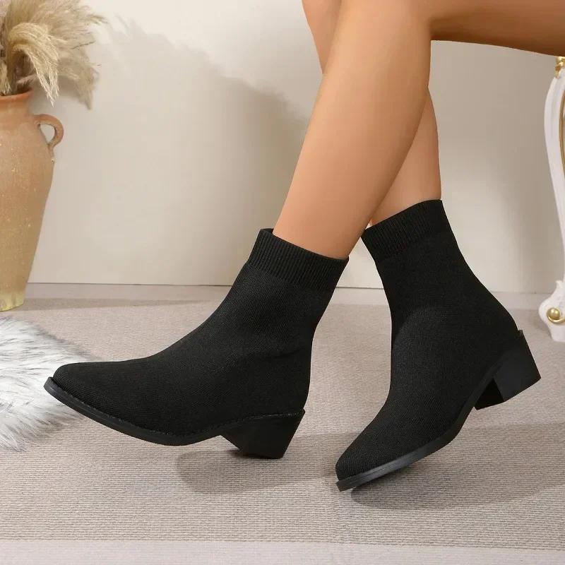Fashion Shoes for Women 2024 Hot Sale Sleeve Women's Boots Autumn Pointed Toe Mesh Mixed Colors Middle Tube Block Heels Fashion Boots