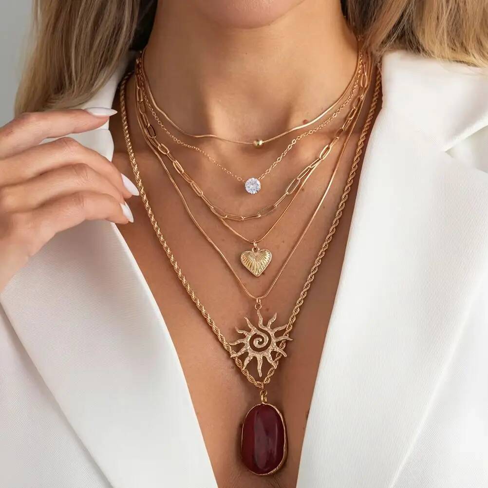 

Ingemark 6Pcs/set Retro Geometry Resin Gold Color Heart Sun Pendant Necklace Women Trendy Adjustable Metal Choker Jewelry Gifts