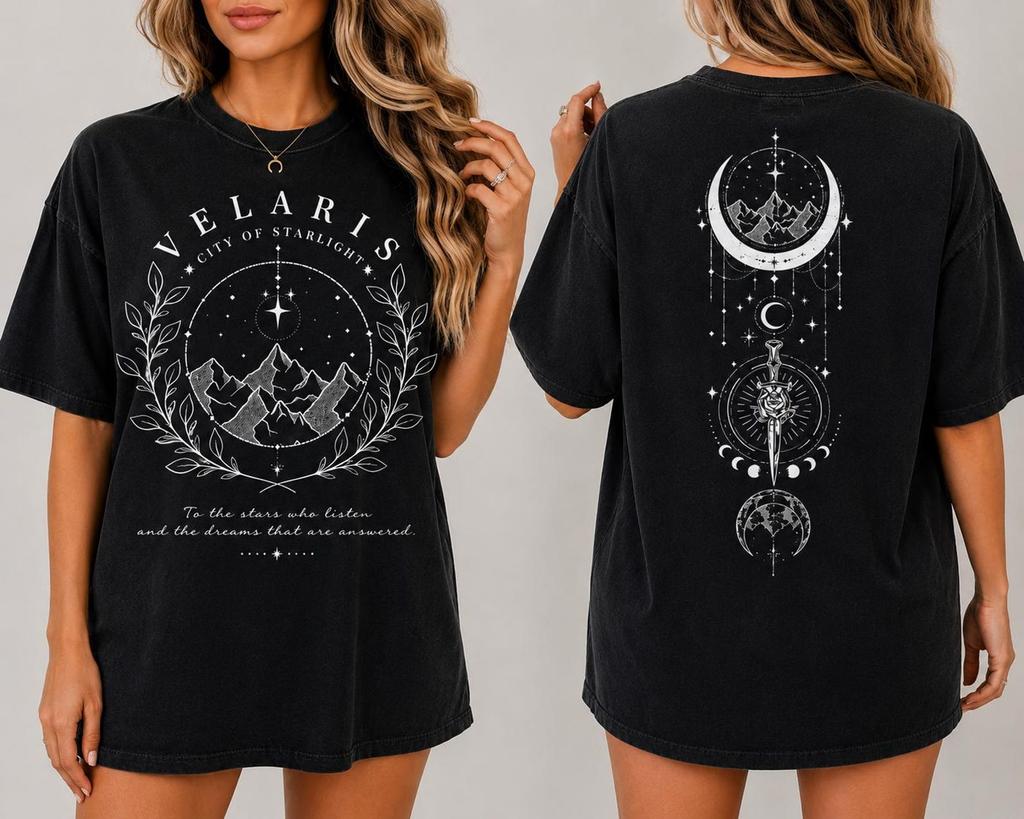 Velaris Shirt, Fantasy Bookish Tee, Celestial Oversized T Shirt, Starlight City Shirt, Moon Phase Back Print Tee, Fantasy Reader Gift